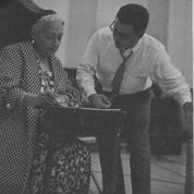 Kamokila Campbell and Jack DeMello consult with one another during the recording of Kamokila: Legends of Hawaiʻi, image provided by courtesy of Jon de Mello. 